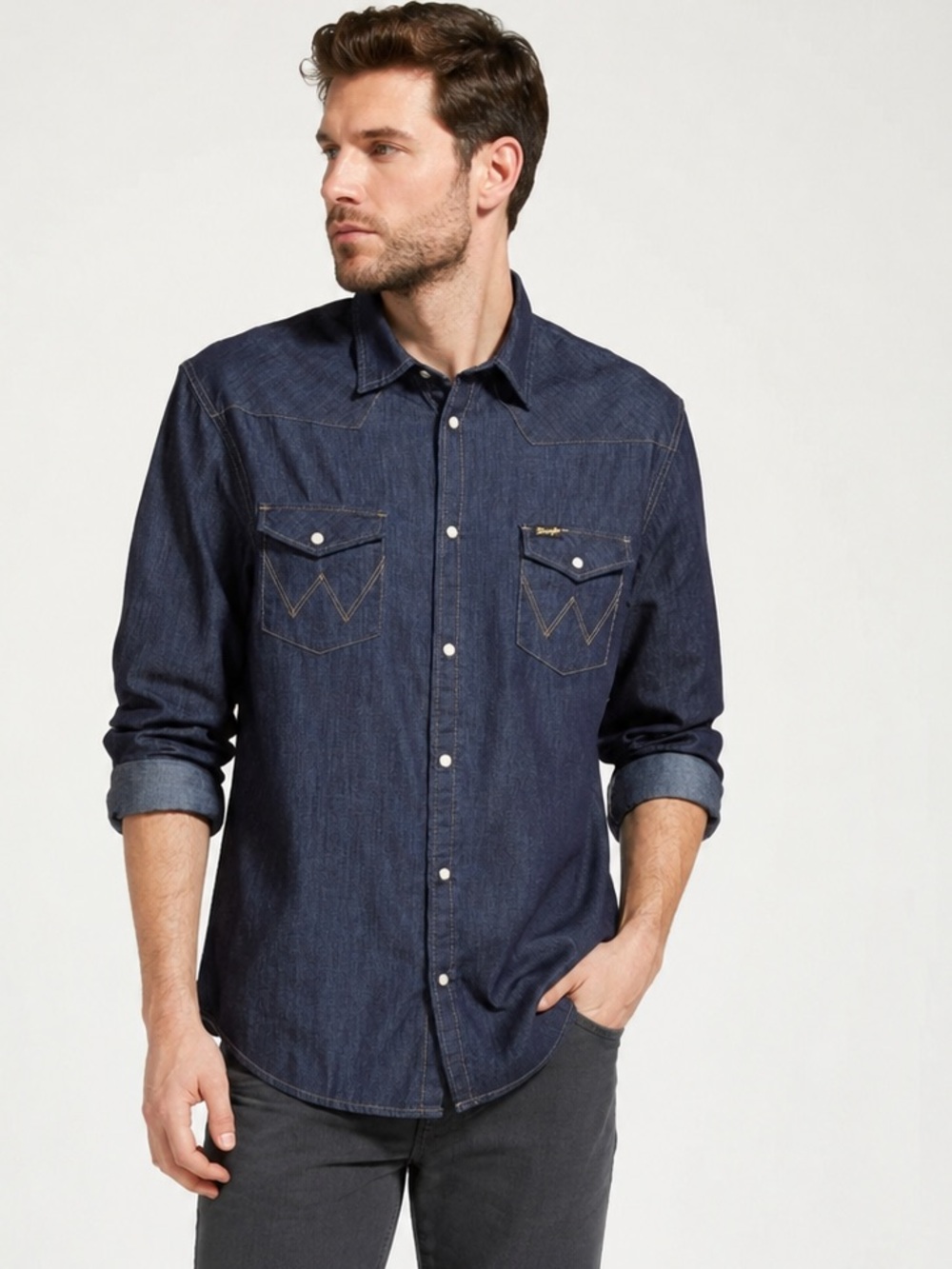 Wrangler Indigo Denim Western Shirt with Contrast Stitching Size X-Large